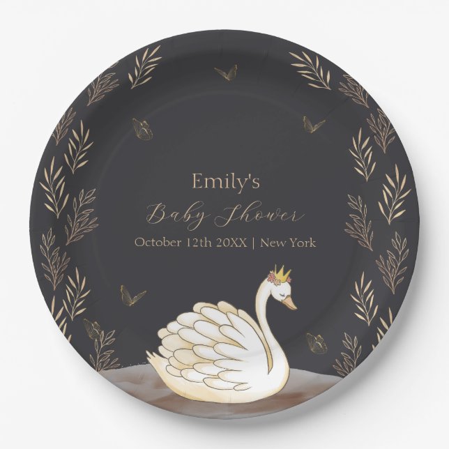 Black Gold Princess Swan Butterfly Baby Shower  Paper Plates (Front)
