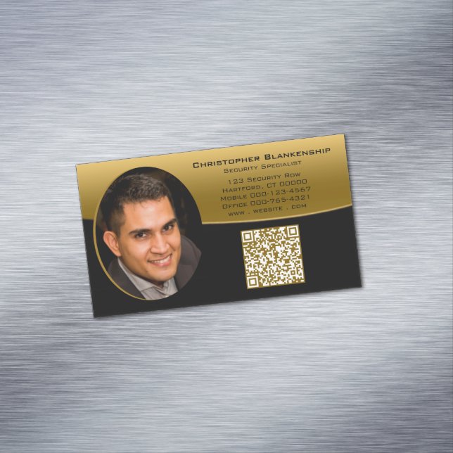 Black Gold Professional Custom Photo QR Code Business Card Magnet (In Situ)