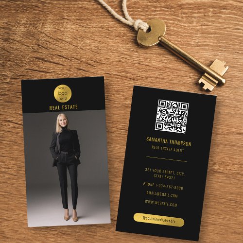 Black  Gold Professional Photo Real Estate Agent Business Card