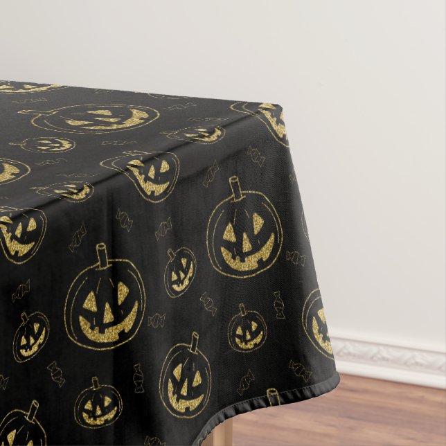 Black & Gold Pumpkin Halloween Table Cloth (In Situ)