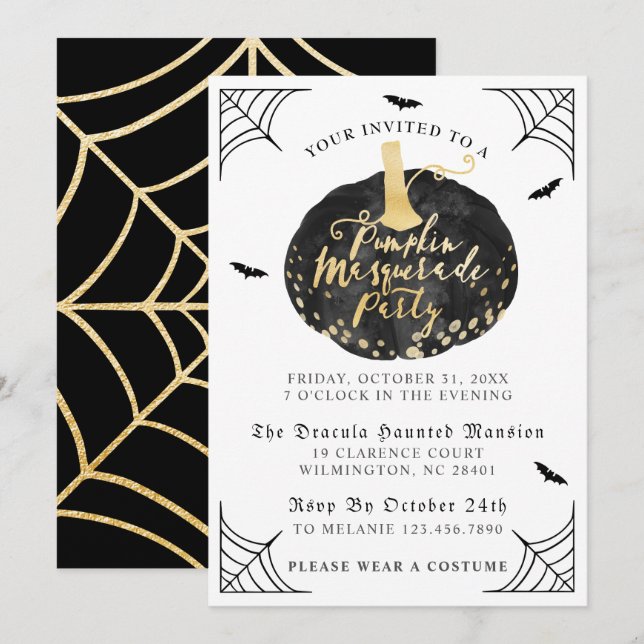 Black & Gold Pumpkin Masquarade Halloween Party Invitation (Front/Back)