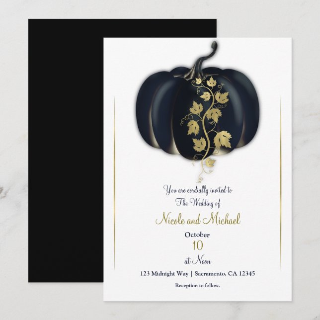 Black & Gold Pumpkin Storybook Fall Wedding  Invitation (Front/Back)