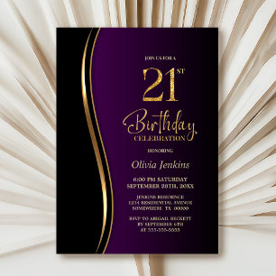 Black Gold Purple 21st Birthday Party Invitation
