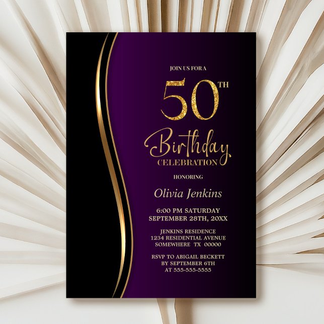 Black Gold Purple 50th Birthday Party Invitation (Creator Uploaded)