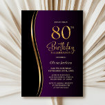 Black Gold Purple 80th Birthday Party Invitation<br><div class="desc">Invite your friends and loved ones with this modern black, gold and purple 80th birthday party invitation. The customizable text area in this invitation template allows you to effortlessly include all the necessary details for your special birthday celebration, including the date, time, venue, and RSVP information. A variety of paper...</div>