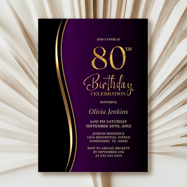 Black Gold Purple 80th Birthday Party Invitation (Creator Uploaded)