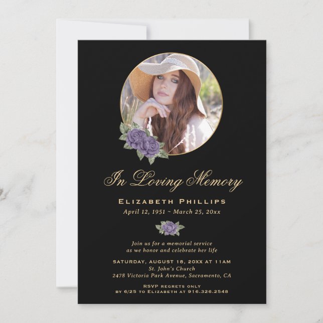 Black Gold Purple Floral Memorial Service Photo Invitation (Front)