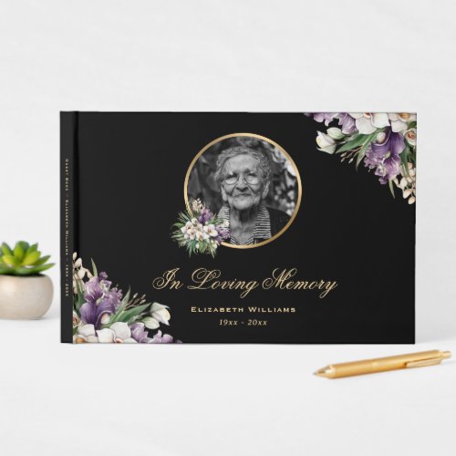 Black Gold Purple Floral Photo Funeral Memorial Guest Book