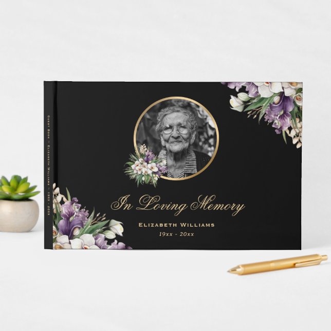 Black Gold Purple Floral Photo Funeral Memorial Guest Book (InSitu Display)