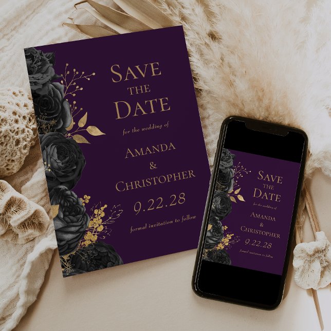 Black Gold Purple Floral Save the Date Announcement (Creator Uploaded)