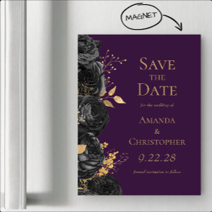 Black Gold Purple Floral Wedding Save the Date Magnetic Invitation