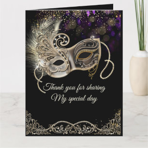 Black Gold Purple Masquerade Party Letterpress Thank You Card