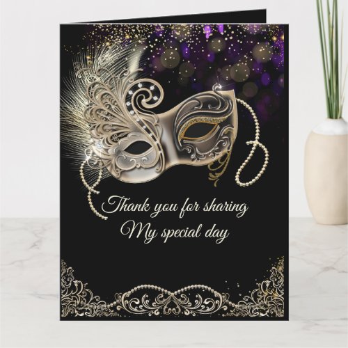 Black Gold  Purple Masquerade Party Thank You Card
