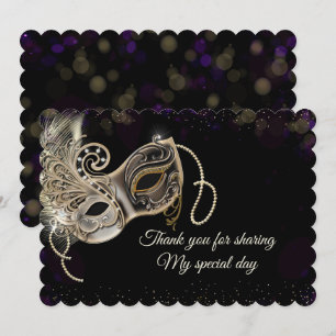 Black Gold Purple Masquerade Party Thank You Card