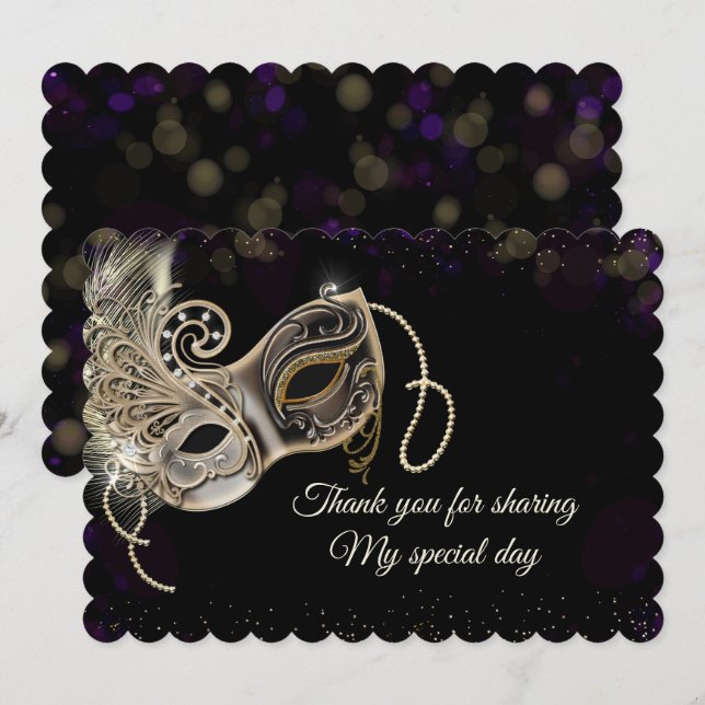 Black Gold  Purple Masquerade Party Thank You Card (Front/Back)