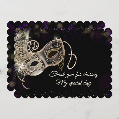 Black Gold  Purple Masquerade Party Thank You Card