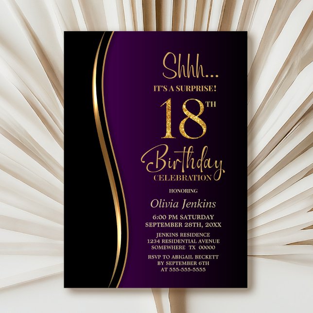 Black Gold Purple Surprise 18th Birthday Invitation (Creator Uploaded)