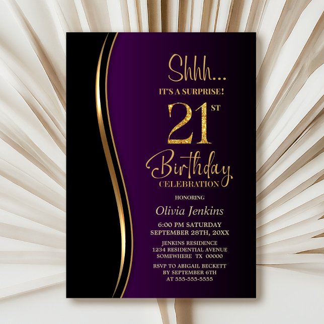 Black Gold Purple Surprise 21st Birthday Invitation (Creator Uploaded)