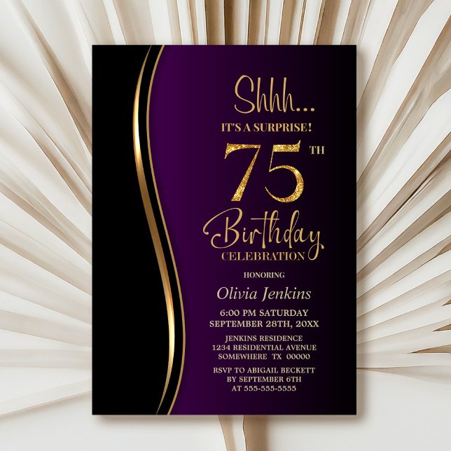 Black Gold Purple Surprise 75th Birthday Invitation (Creator Uploaded)