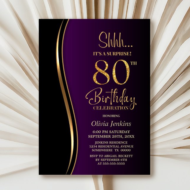 Black Gold Purple Surprise 80th Birthday Invitation (Creator Uploaded)