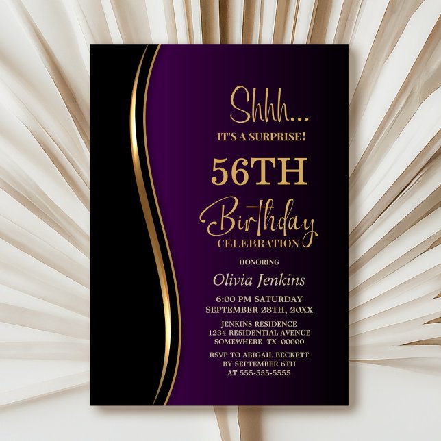 Black Gold Purple Surprise Birthday Party Invitation (Creator Uploaded)