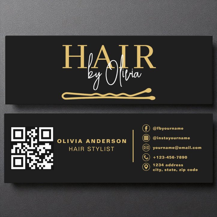 Black Gold QR Code Hair Stylist Black Mini Business Card