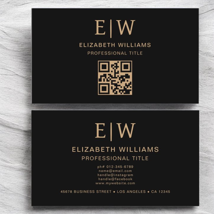 Black Gold QR Code Monogram Minimalist Business Card