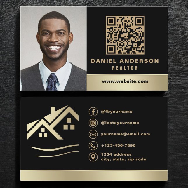 Black Gold QR Code Photo Real Estate Realtor Business Card (Creator Uploaded)