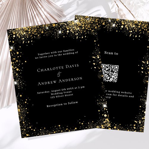 Black gold QR code RSVP budget wedding invitation