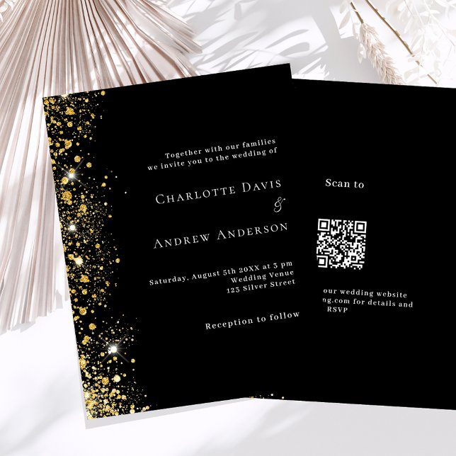 Black gold QR code RSVP budget wedding invitation (Creator Uploaded)