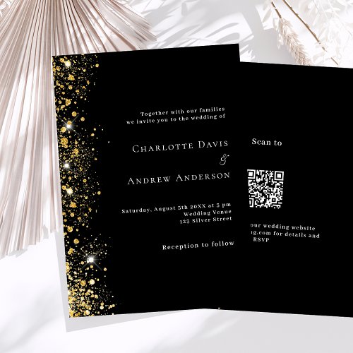 Black gold QR code RSVP details wedding Invitation