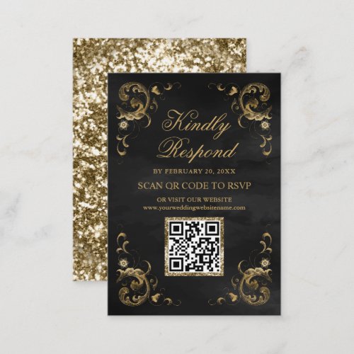 Black Gold QR Code RSVP Wedding Website Enclosure Card