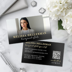 Black Gold QR Code Script Luxury Real Estate Foil Business Cards
