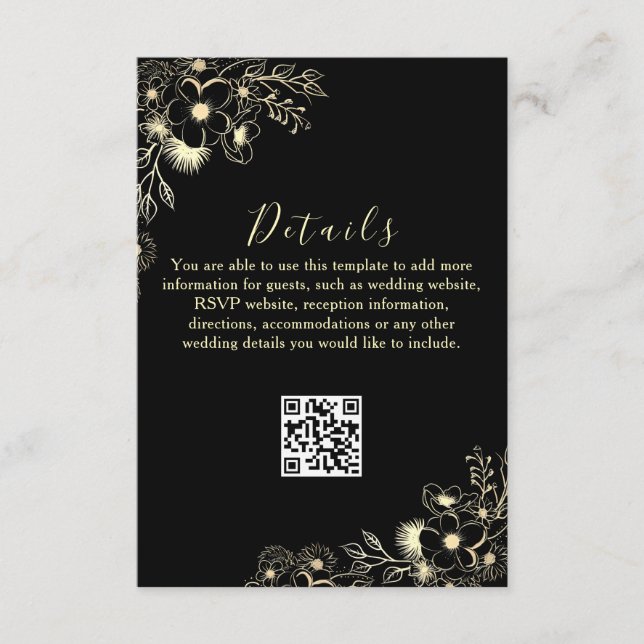 Black Gold QR Code Wedding Details Card (Front)
