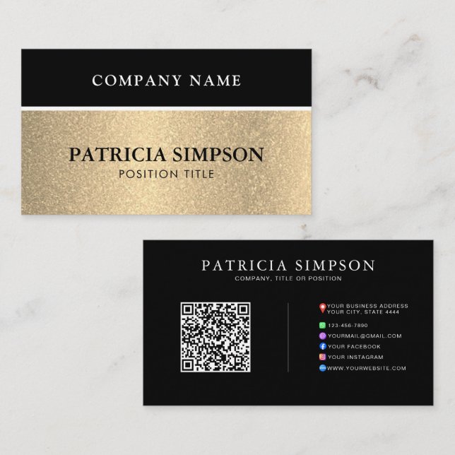 Black & Gold QR Code with Social Media & Web Links Business Card (Front/Back)