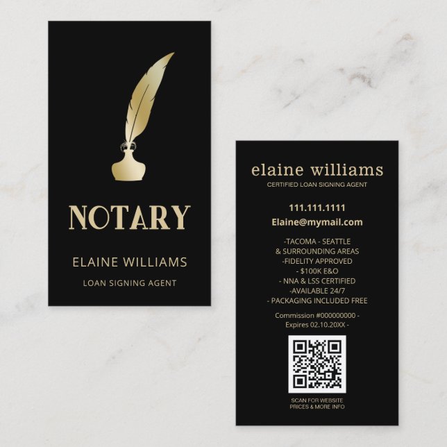 Black Gold QR Notary Loan Signing Agent   Business Card (Front/Back)