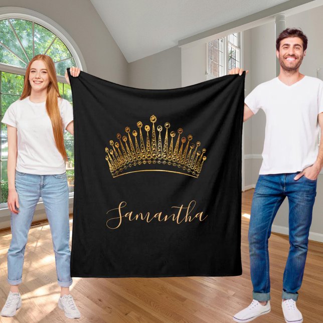Black gold queen princess tiara crown name fleece blanket (Creator Uploaded)