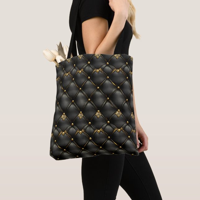 Black Gold Quilted Leather Pattern Tote Bag (Close Up)