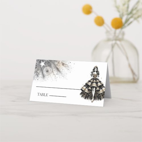 Black  Gold Quinceaera Girl Place Card