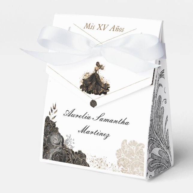 Black Gold Quinceañera Recuerdo Favor Box (Front Side)