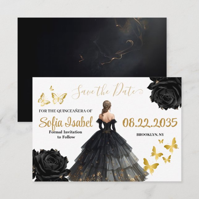 Black & Gold Quinceañera Save the Date Card (Front/Back)