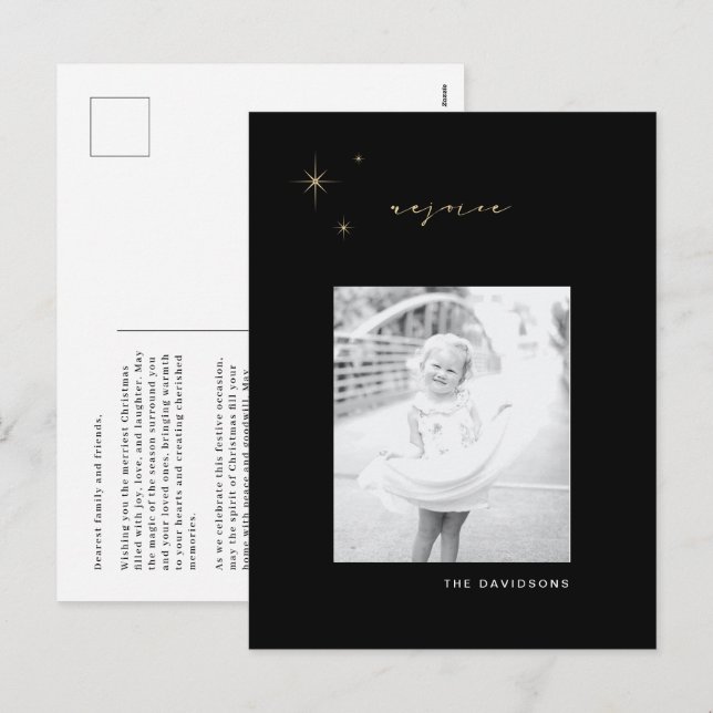 Black & Gold Radiant Rejoice Christmas Postcard (Front/Back)