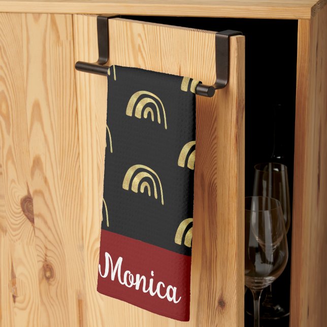 Black & Gold rainbow custom name Kitchen Towel (Thirds Fold)