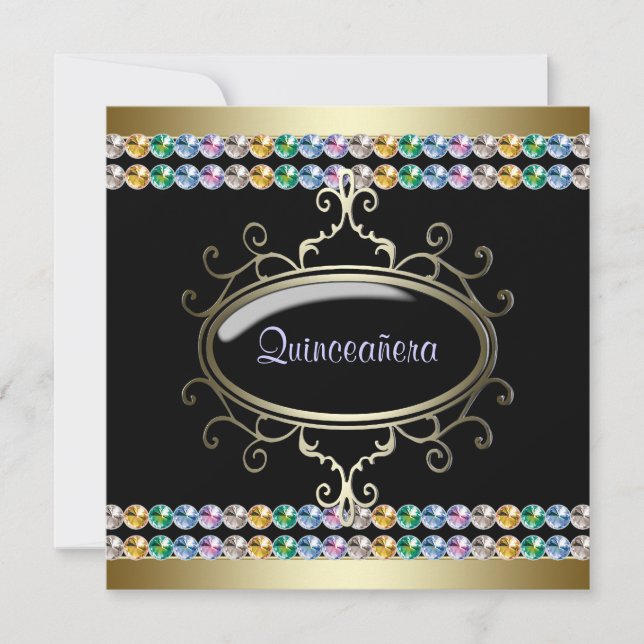 Black Gold Rainbow Quinceanera Invitation (Front)