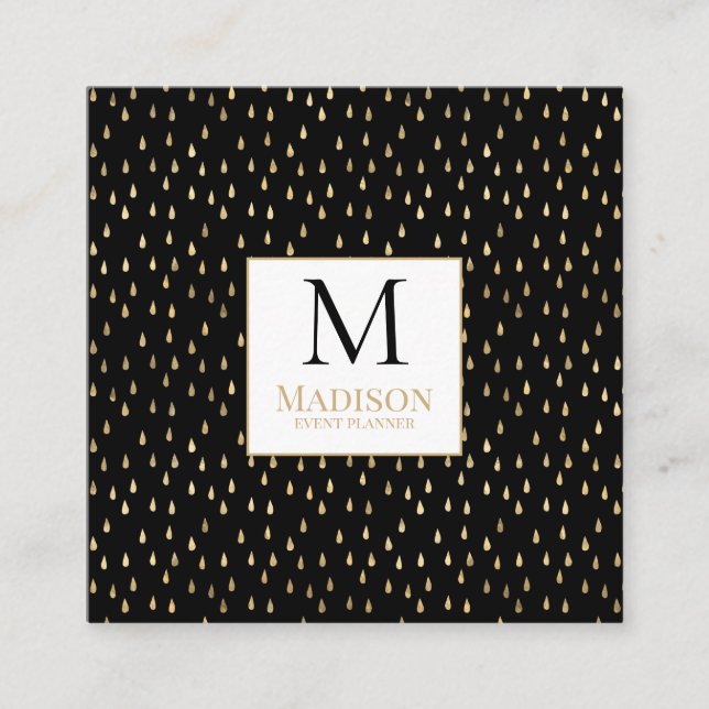 Black Gold Raindrop Modern Trendy Monogram Square Business Card (Front)