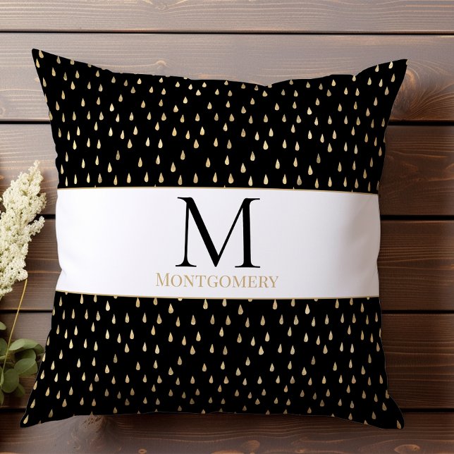 Black Gold Raindrop Modern Trendy Monogram Throw Pillow (Creator Uploaded)