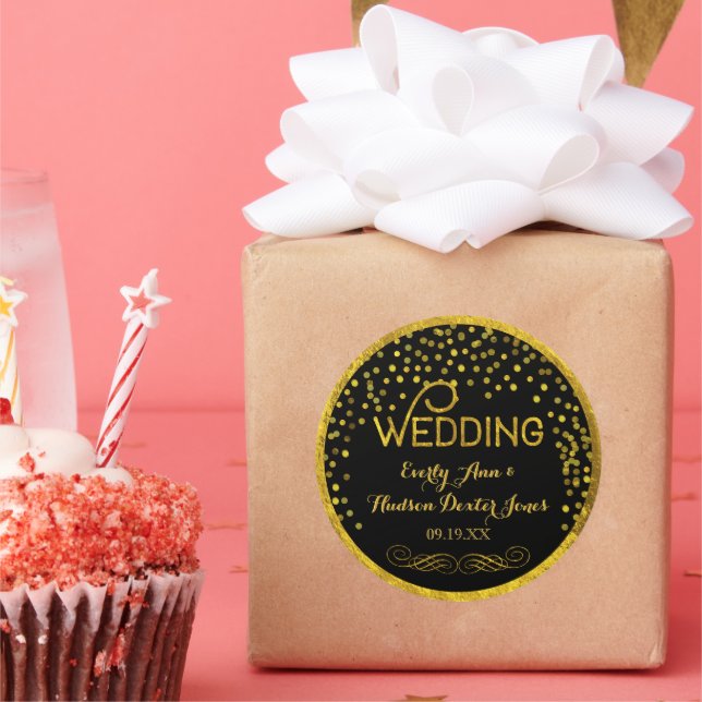 Black & Gold Random Dot Modern Wedding Classic Round Sticker (Party)