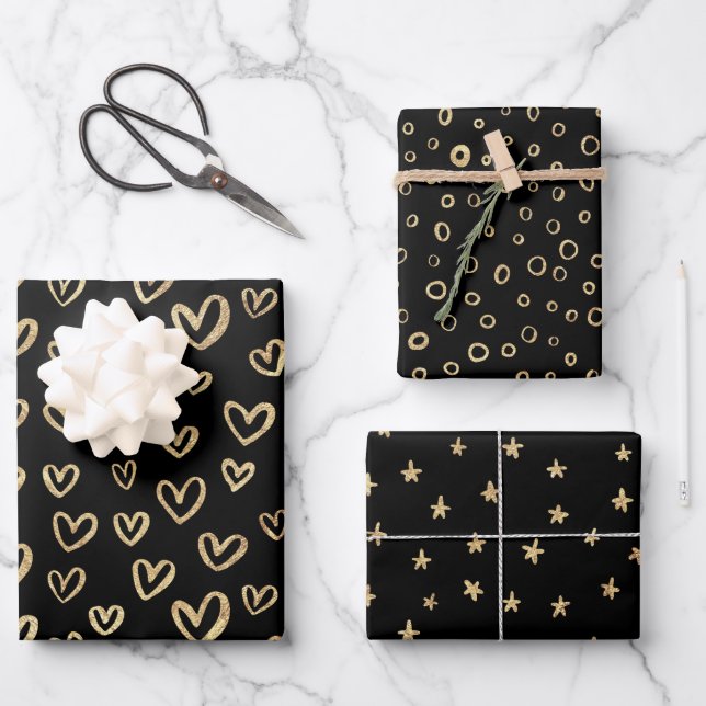 Black Gold Random Patterns Hearts Stars Circles Wrapping Paper Sheets (Front)
