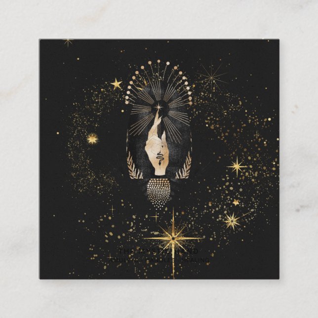 *~* Black Gold Rays Stars Mystic Hand Snake Square Business Card (Front)