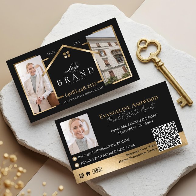 Black Gold Real Estate Agent Photo Logo QR Code Business Card (Black Gold Real Estate Agent Photo Logo QR Code Business Card)